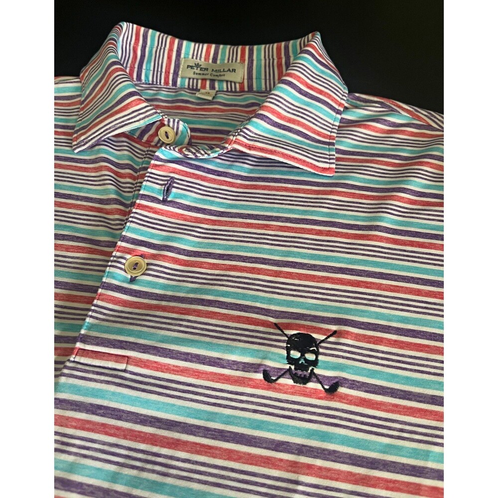 Peter Millar Summer Comfort Polo Men's Medium Multicolor Striped Skull Logo